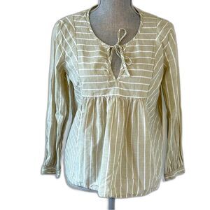 Lucky Brand Women's SZ M Peasant Blouse Top Shirt Boho Khaki White Striped